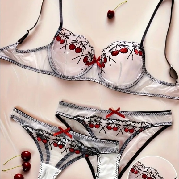 Other - Cherry Embroidered Lingerie Set, Black, Red & White, NEW, 3 pcs.